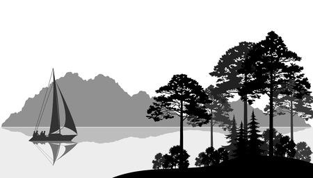 Landscape with Sailboat on a Mountain Lake, Fir Trees, Pines and Bushes, Black and Grey Silhouettes. Vectorのイラスト素材