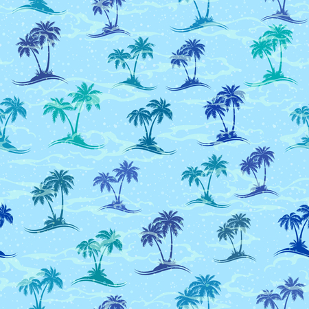 Exotic Seamless Pattern, Tropical Landscape, Sea Islands with Palms Trees Green and Turquoise Silhouettes on Blue Tile Background. Vectorのイラスト素材