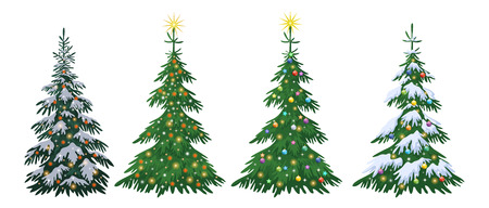 Set Christmas Holiday Fir Trees with Decorations, Stars and Snow Isolated on White Background. Vectorのイラスト素材