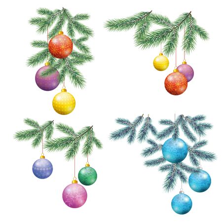 Set Christmas Holiday Decorations, Fir Branches and Colorful Glass Balls with Floral Patterns and Snowflakes.のイラスト素材
