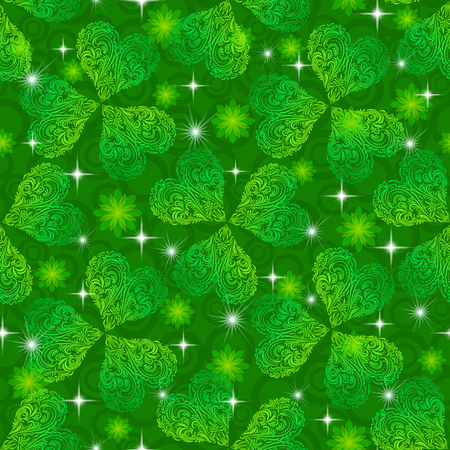 Seamless Floral Tile Pattern, Green Symbolic Clover Plants, Flowers and Stars. Eps10, Contains Transparencies. Vectorのイラスト素材