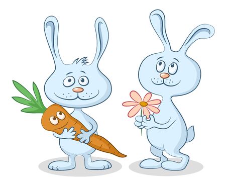 Cartoon Rabbits, Funny Characters with Carrot and Flower, Isolated on White Background. Vectorのイラスト素材