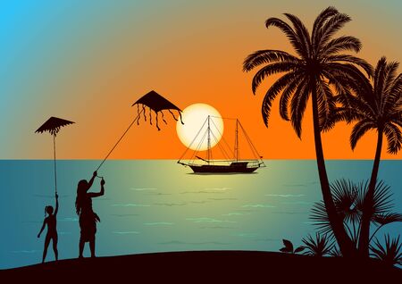 Summer Landscape, Silhouettes People, Young Women And Girl With Sky Kite On The Tropical Beach With Palm Trees, Sun In The Sky And Ship At Sea. Vectorのイラスト素材