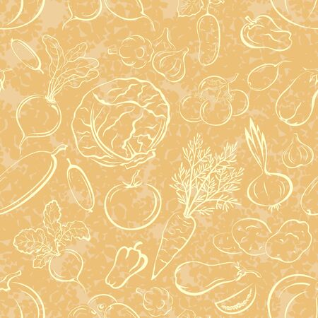 Seamless Food, Vegetables and Meat Contours on beigeのイラスト素材