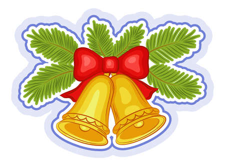 Christmas Holiday Decoration, Golden Bells with Red Bow and Green Fir Branches Isolated on White Background. Vectorのイラスト素材