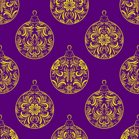 Background for Christmas Design, Holiday Decoration, Golden Balls with Floral Pattern. Vectorのイラスト素材