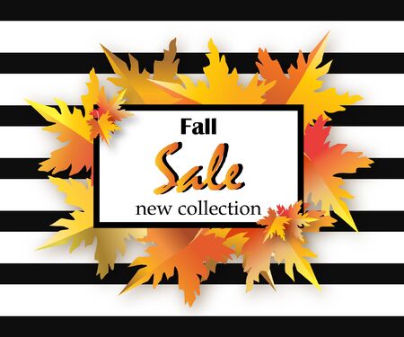 Autumn sale flyer template with lettering, orange leaves on black white background. Fall promotion. Poster, banner, card, label.のイラスト素材