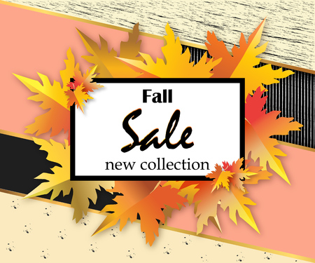 Autumn sale flyer template with lettering, orange leaves on modern abstract background. Fall promotion. Poster, banner, card, label.のイラスト素材