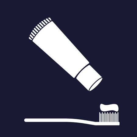 Vector image of toothbrush and toothpaste. Vector white icon on dark blue background.のイラスト素材