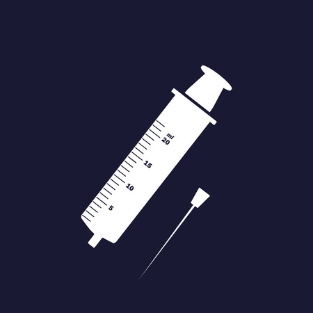 Vector image of  medical syringe for injections and needles. Vector white icon on dark blue background.のイラスト素材