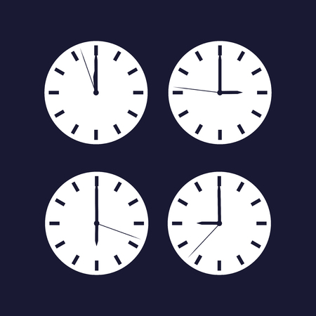Set of clock showing different time. Vector white icon on dark blue background.のイラスト素材
