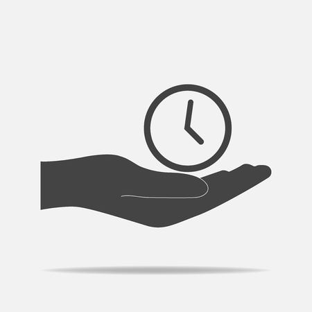 Vector icon of a hand holding a clock. Flat hand design and watch.のイラスト素材