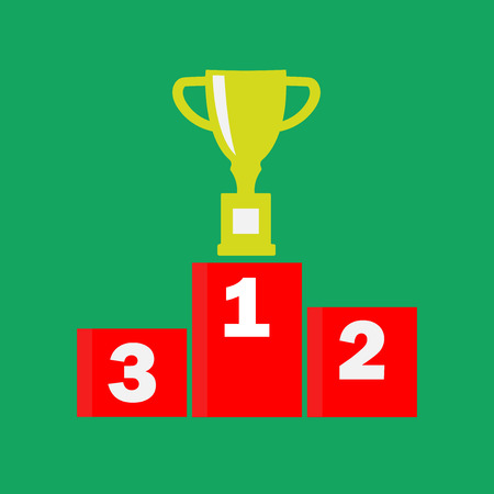 Vector color illustration of a winner's podium with a cup standing in the first place. The winner's cup and the winner's podium with the first and third places.のイラスト素材