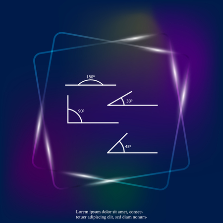 Angle of 180, 45,30,90 degrees vector neon light illustration. The symbol of geometry, mathematics. Set of vector icons consisting of angles of different degrees. Layers grouped for easy editing illustration. For your design.のイラスト素材