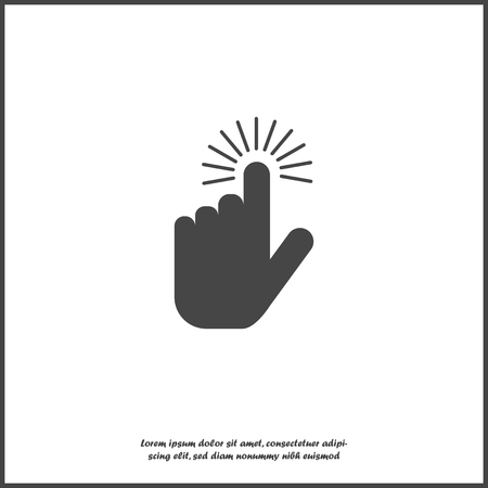 The hand clicks on the button. Cursor icon on white isolated background. Layers grouped for easy editing illustration. For your design.のイラスト素材