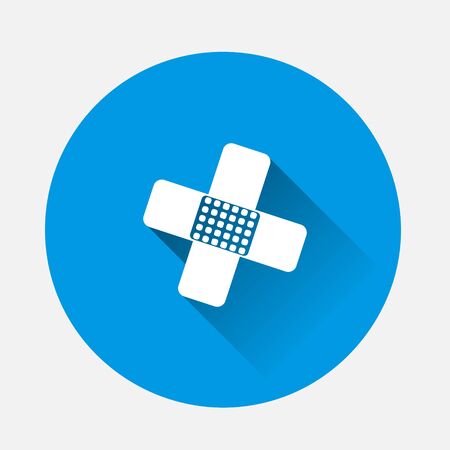Vector icon of bactericidal protective plaster. First aid on blue background. Flat image with long shadow. Layers grouped for easy editing illustration. For your design.のイラスト素材
