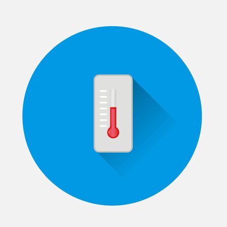 Vector thermometer. Meteorological thermometer red color on blue background. Flat image with long shadow. Layers grouped for easy editing illustration. For your design.のイラスト素材