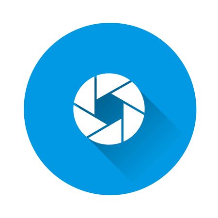 Vector camera lens icon. Camera shutter on blue background. Flat image with long shadow. Layers grouped for easy editing illustration. For your design.のイラスト素材