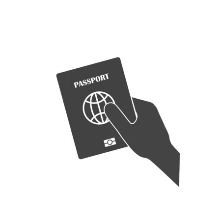 Vector icon hand holds a passport on white isolated background. Layers grouped for easy editing illustration. For your design.のイラスト素材