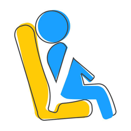 Vector icons passenger seated in the transport and use of the safety belt. Symbol motivation to use a seat belt icon cartoon style on white isolated background. Layers grouped for easy editing illustration. For your design.のイラスト素材