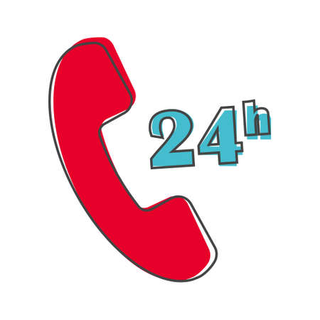 Vector phone icon. Support 24 hours a day. Round the clock cartoon style on white isolated background. Layers grouped for easy editing illustration. For your design.のイラスト素材