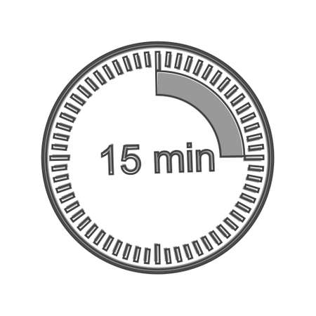 Clock icon indicating the time interval of 15 minutes. Fifteen minutes time on the clock cartoon style on white isolated background. Layers grouped for easy editing illustration. For your design.のイラスト素材