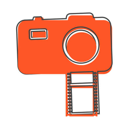 Vector illustration of a digital camera with film. Retro camera icon cartoon style on white isolated background. Layers grouped for easy editing illustration. For your design.のイラスト素材
