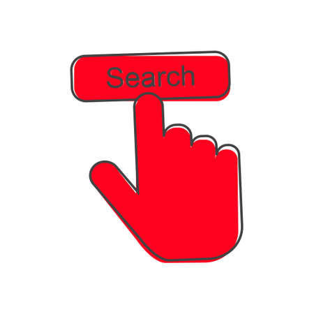 Search button vector icon. Hand presses search button Internet cartoon style on white isolated background. Layers grouped for easy editing illustration. For your design.のイラスト素材