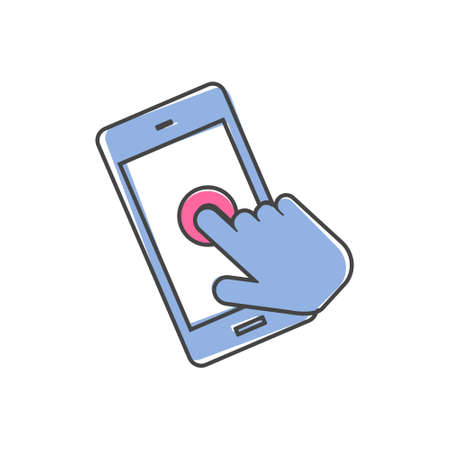 The hand clicks on the button smartphone. Cursor icon cartoon style on white isolated background. Layers grouped for easy editing illustration. For your design.のイラスト素材