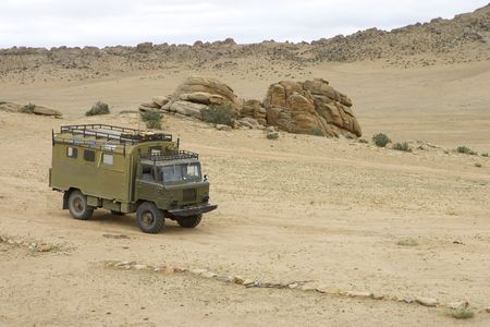 Old Soviet military truck GAZ-66 in Gobi Desert, Mongoliaの写真素材