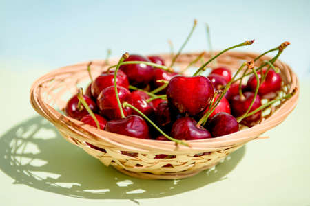 Cherry berries in a wicker plate close-up. Juicy ripe berries of large cherries.の写真素材