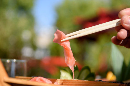 Pickled ginger close-up. Japanese food in a summer restaurantの写真素材