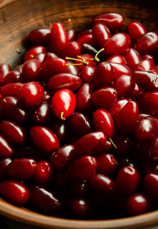 Clay plate with ripe dogwood berries. Harvest of red and burgundy fruits of dogwood. Season of...