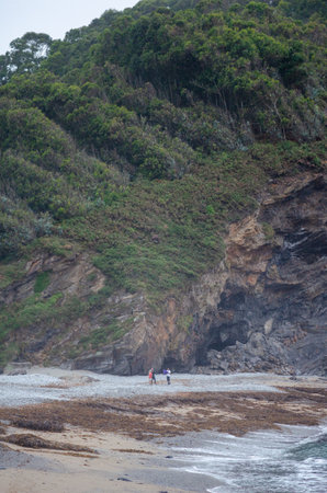 Two people explore a secluded rocky beach at the foot of a lush green cliff, capturing the tranquil beauty and adventure of nature travel destinations.の写真素材