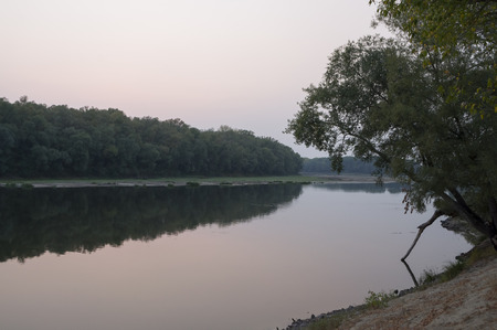 Wide river flowing across green forest. Fall. Evening. Reflections of trees in the calm water. Sundownの写真素材