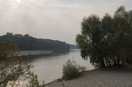 Wide river flowing across green forest. Fall. Evening. Reflections of trees in the calm water. Sundownの写真素材
