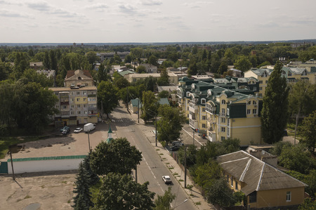 Chernigov, Ukraine. August 15, 2017. Small buildings and streets. View from the top highのeditorial素材