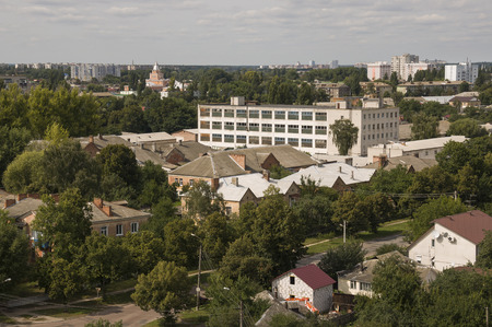 Chernigov, Ukraine. August 15, 2017. Small buildings and streets. View from the top highのeditorial素材