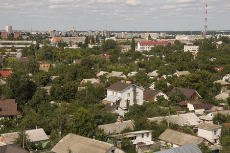 Chernigov, Ukraine. August 15, 2017. Small buildings and streets. View from the top highのeditorial素材