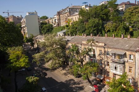 Odessa, South of Ukraine, Greek street, July 10, 2018. Ancient buildings. Walking on the city streets in summer. Tourists and travellingのeditorial素材