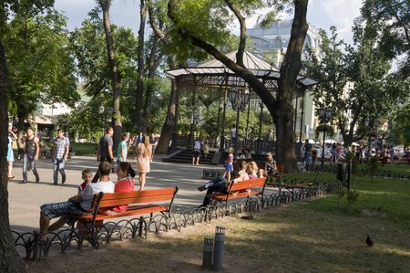 Odessa, South of Ukraine, Deribasovskaya street, July 10, 2018. Walking on the city streets in summer. Tourists and travellingのeditorial素材