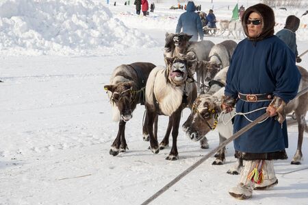 New Urengoy, YaNAO, North of Russia. March 1, 2019. The holiday of north nationality. Nenets man and...