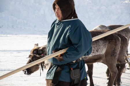 New Urengoy, YaNAO, North of Russia. March 1, 2019. The holiday of north nationality. Nenets man and...