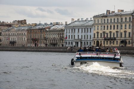 Saint Petersburg, Russia, Neva Embankment. May 10, 2019. Central part of the city. Walking neva river in spring with view from boatのeditorial素材
