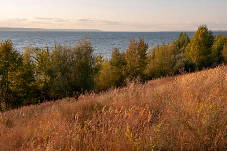 View of the lake from the high shore. Trees and shrubs grow around it. The contour light of the sunset penetrates through their leavesの写真素材