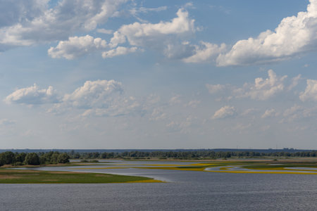 lake in the summer with blue sky and white clouds, nature series