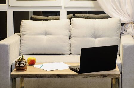 Indoor plant on a wooden coffee table with red apple, laptop and small sofa, Relaxing area near window in bright living room of modern scandinavian house - Home interiorの写真素材