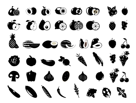 Black and white illustration. Set of different fresh vegetables and fruits.のイラスト素材