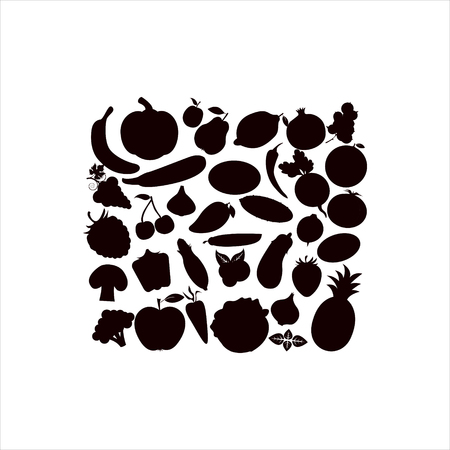 Fruit and Vegetables icon set.Vector silhouettes of fruits vegetables, berries on a white background. A set of food black stencilsのイラスト素材