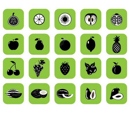 Set of fruits and vegetables. Vector illustration.Black silhouetteのイラスト素材